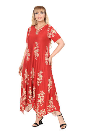 Melsay Butik Narçiçeği Pano Desen Asimetrik Kısa Kollu Elbise