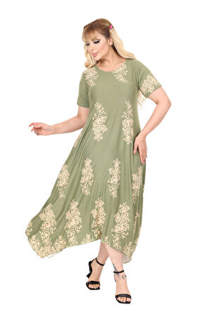 Melsay Butik Haki Pano Desen Asimetrik Kısa Kollu Elbise