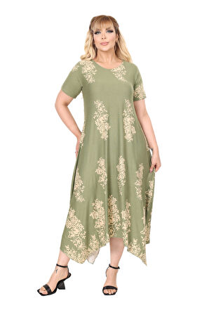 Melsay Butik Haki Pano Desen Asimetrik Kısa Kollu Elbise