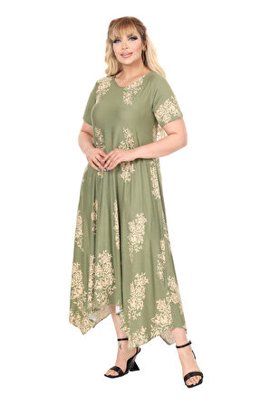 Melsay Butik Haki Pano Desen Asimetrik Kısa Kollu Elbise