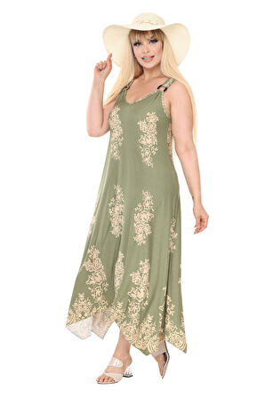 Melsay Butik Askılı V Yaka Haki Pano Desen Elbise