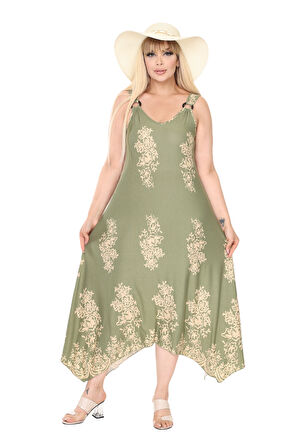 Melsay Butik Askılı V Yaka Haki Pano Desen Elbise