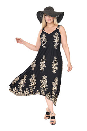 Melsay Butik Askılı V Yaka Siyah Pano Desen Elbise