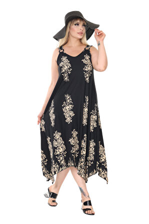 Melsay Butik Askılı V Yaka Siyah Pano Desen Elbise