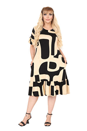 Melsay Butik Büyük Beden Eteği Fırfırlı Bej Picasso Desen Cepli Elbise
