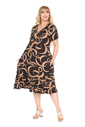 Melsay Butik Göğüsten Robalı V Yaka Kısa Kollu Taba Dalga Desen Cepli Elbise