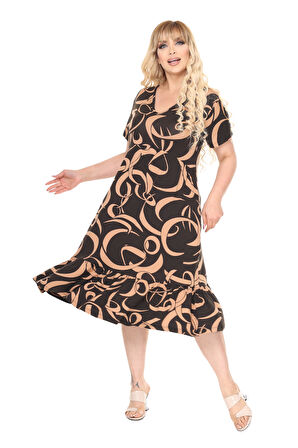 Melsay Butik Göğüsten Robalı V Yaka Kısa Kollu Taba Dalga Desen Cepli Elbise