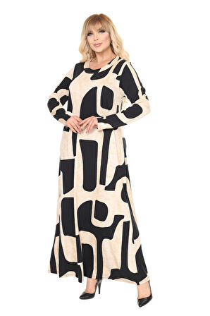 Melsay Butik Bej Picasso Desen Uzun Kollu Kadın Tesettür Elbise