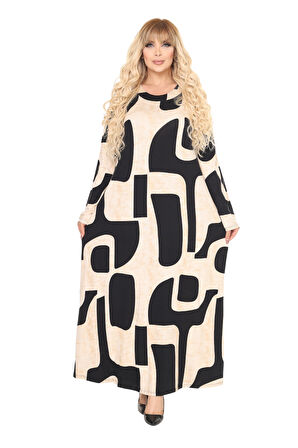 Melsay Butik Bej Picasso Desen Uzun Kollu Kadın Tesettür Elbise