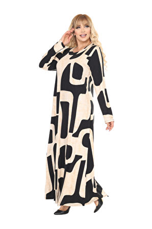 Melsay Butik Bej Picasso Desen Uzun Kollu Kadın Tesettür Elbise