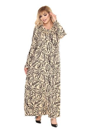 Melsay Butik Krem Yaprak Desen Uzun Kollu Kadın Tesettür Elbise
