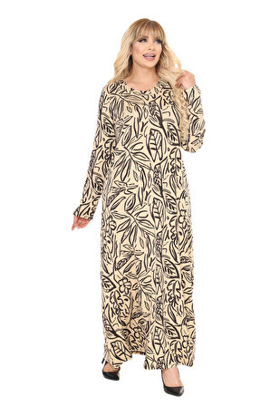 Melsay Butik Krem Yaprak Desen Uzun Kollu Kadın Tesettür Elbise