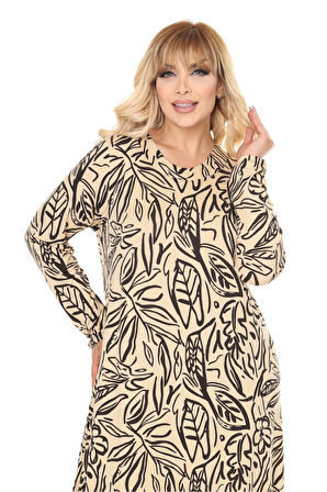 Melsay Butik Krem Yaprak Desen Uzun Kollu Kadın Tesettür Elbise