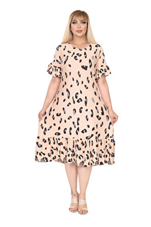 Melsay Butik Büyük Beden Eteği Fırfırlı Bej Leopar Desen Cepli Elbise