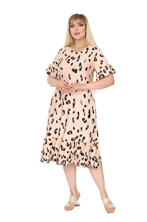 Melsay Butik Büyük Beden Eteği Fırfırlı Bej Leopar Desen Cepli Elbise