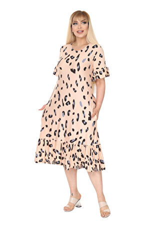 Melsay Butik Büyük Beden Eteği Fırfırlı Bej Leopar Desen Cepli Elbise