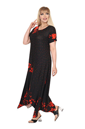 Melsay Butik Kırmızı Puanlı Gelincik Desen Asimetrik Kısa Kollu Elbise