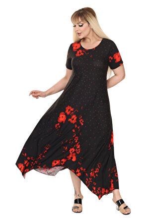 Melsay Butik Kırmızı Puanlı Gelincik Desen Asimetrik Kısa Kollu Elbise