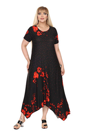 Melsay Butik Kırmızı Puanlı Gelincik Desen Asimetrik Kısa Kollu Elbise