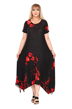 Melsay Butik Kırmızı Puanlı Gelincik Desen Asimetrik Kısa Kollu Elbise