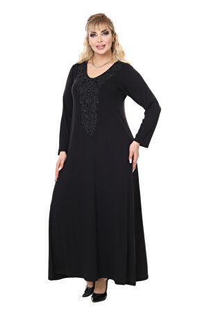 Melsay Butik Siyah Uzun Kollu Güpür Yaka Uzun Elbise