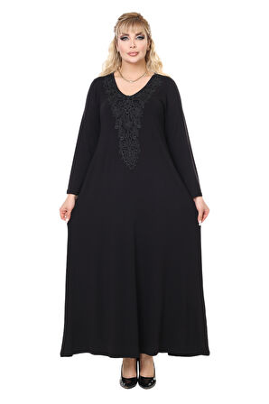 Melsay Butik Siyah Uzun Kollu Güpür Yaka Uzun Elbise