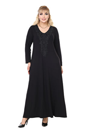 Melsay Butik Siyah Uzun Kollu Güpür Yaka Uzun Elbise