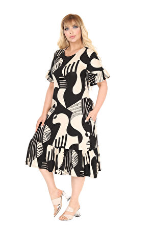 Melsay Butik Bej Barok Desen Eteği Fırfırlı Cepli Elbise