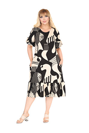 Melsay Butik Bej Barok Desen Eteği Fırfırlı Cepli Elbise