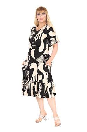 Melsay Butik Bej Barok Desen Eteği Fırfırlı Cepli Elbise