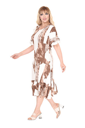 Melsay Butik Fırfırlı Kahve Vintage Desen Cepli Büyük Beden Elbise