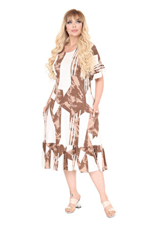 Melsay Butik Fırfırlı Kahve Vintage Desen Cepli Büyük Beden Elbise