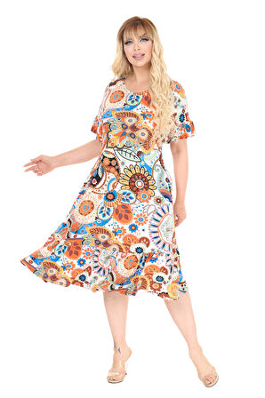 Melsay Butik Botanik Desen Fırfırlı Cepli Büyük Beden Elbise