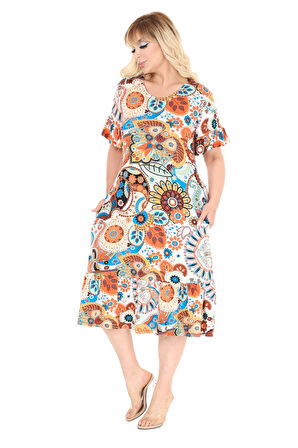 Melsay Butik Botanik Desen Fırfırlı Cepli Büyük Beden Elbise