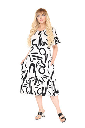 Melsay Butik Beyaz İskandinav Desen Eteği Fırfırlı Cepli Elbise