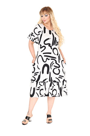 Melsay Butik Beyaz İskandinav Desen Eteği Fırfırlı Cepli Elbise