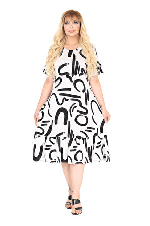 Melsay Butik Beyaz İskandinav Desen Eteği Fırfırlı Cepli Elbise