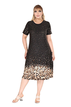 Melsay Butik Siyah Puanlı Leopar Desen A Kesim Midi Elbise