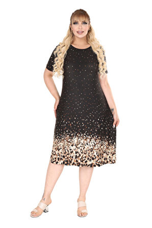 Melsay Butik Siyah Puanlı Leopar Desen A Kesim Midi Elbise