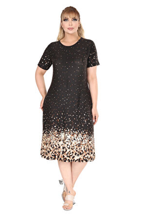 Melsay Butik Siyah Puanlı Leopar Desen A Kesim Midi Elbise