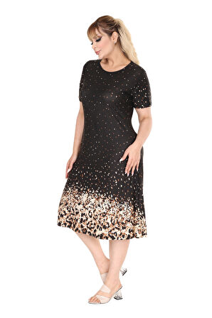 Melsay Butik Siyah Puanlı Leopar Desen A Kesim Midi Elbise