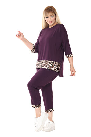 Melsay Butik Mor Leopar Şeritli Büyük Beden Kadın Kapri Takımı