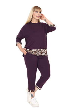 Melsay Butik Mor Leopar Şeritli Büyük Beden Kadın Kapri Takımı
