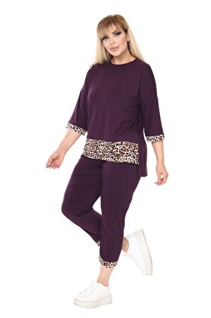 Melsay Butik Mor Leopar Şeritli Büyük Beden Kadın Kapri Takımı