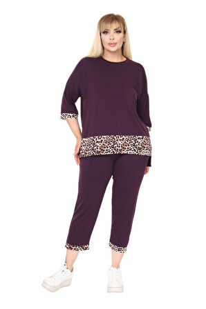 Melsay Butik Mor Leopar Şeritli Büyük Beden Kadın Kapri Takımı