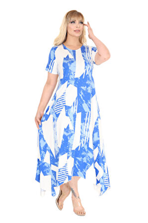 Melsay Butik Mavi Vintage Desen Asimetrik Kısa Kollu Elbise