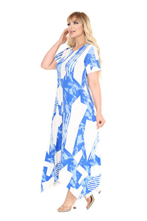 Melsay Butik Mavi Vintage Desen Asimetrik Kısa Kollu Elbise