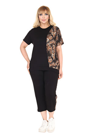 Melsay Butik Siyah Kısa Kol Yarım Başak Garnili Viskon Kapri Takım