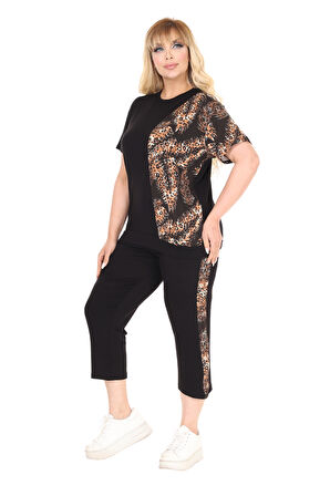Melsay Butik Siyah Kısa Kol Yarım Başak Garnili Viskon Kapri Takım