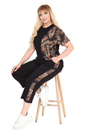 Melsay Butik Siyah Kısa Kol Yarım Başak Garnili Viskon Kapri Takım